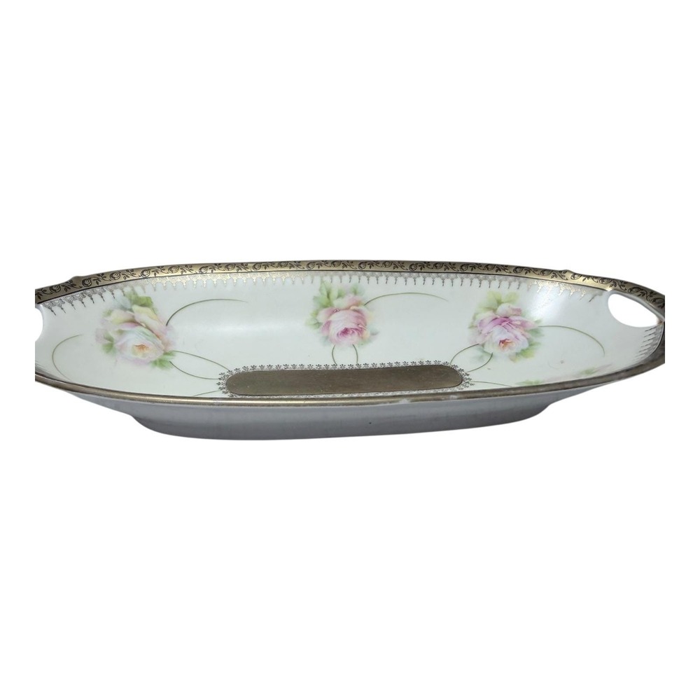 VTg Bavaria Handpainted Porcelain Bread Tray Celery Dish Pink Roses Gold‎ Trim - Picture 3 of 9